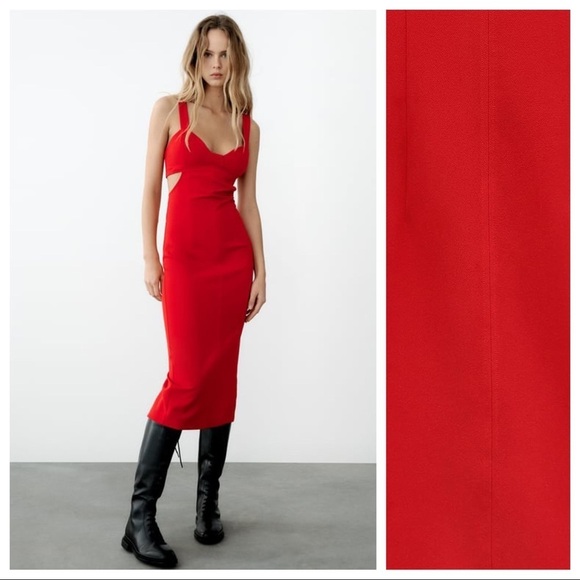 NWT. Zara Red Strappy Cut Out Midi Dress with V-neckline. Size S. - Picture 1 of 11